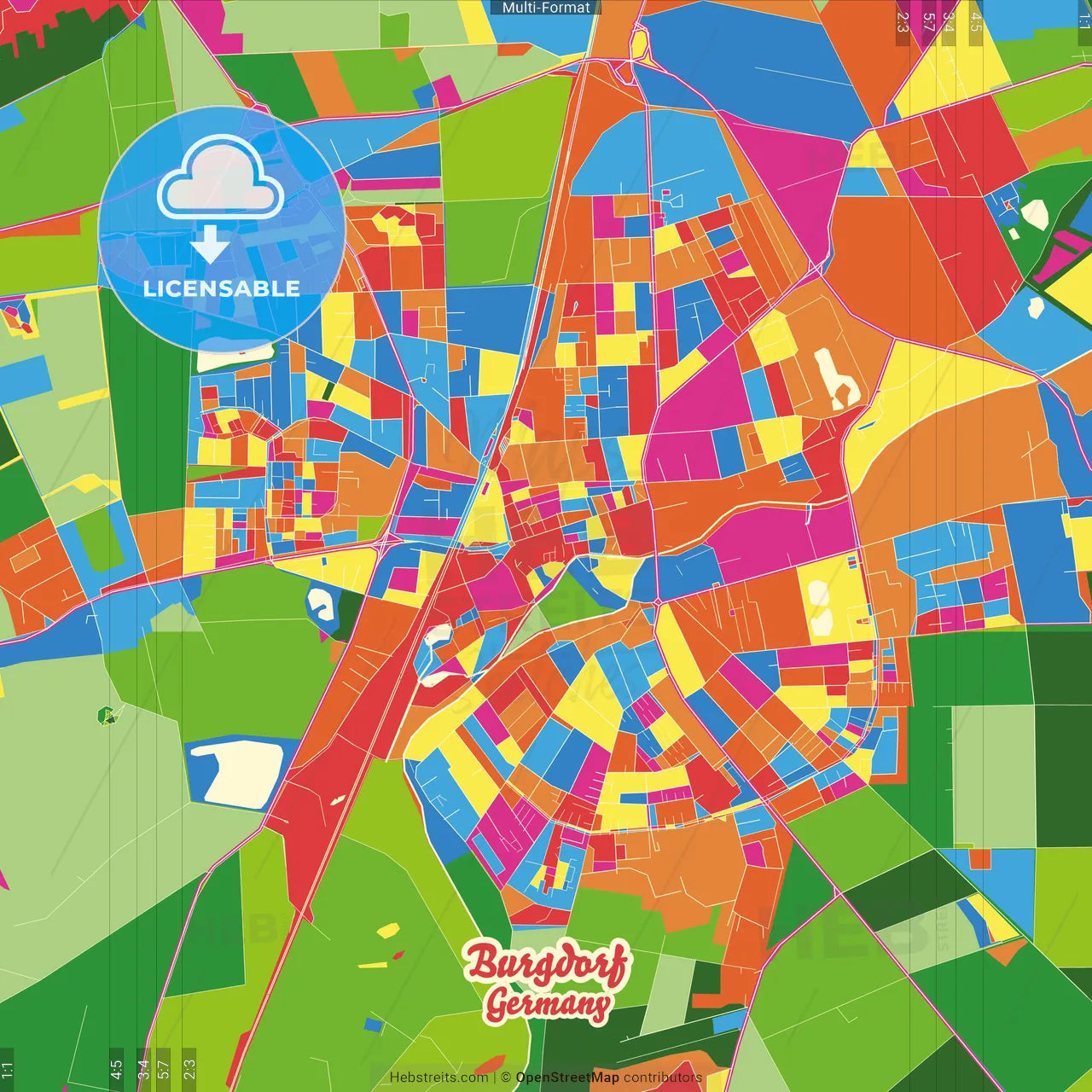 Burgdorf, Lower Saxony, Germany Crazy Colorful Street Map Poster Template