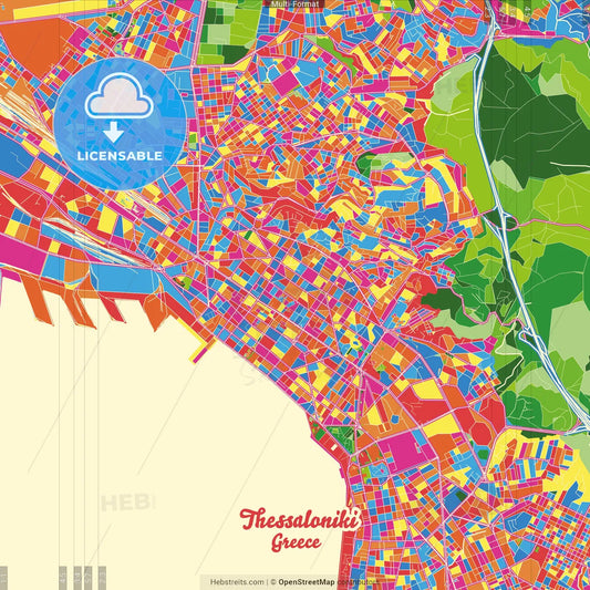 Thessaloniki, Central Macedonia, Greece Crazy Colorful Street Map Poster Template