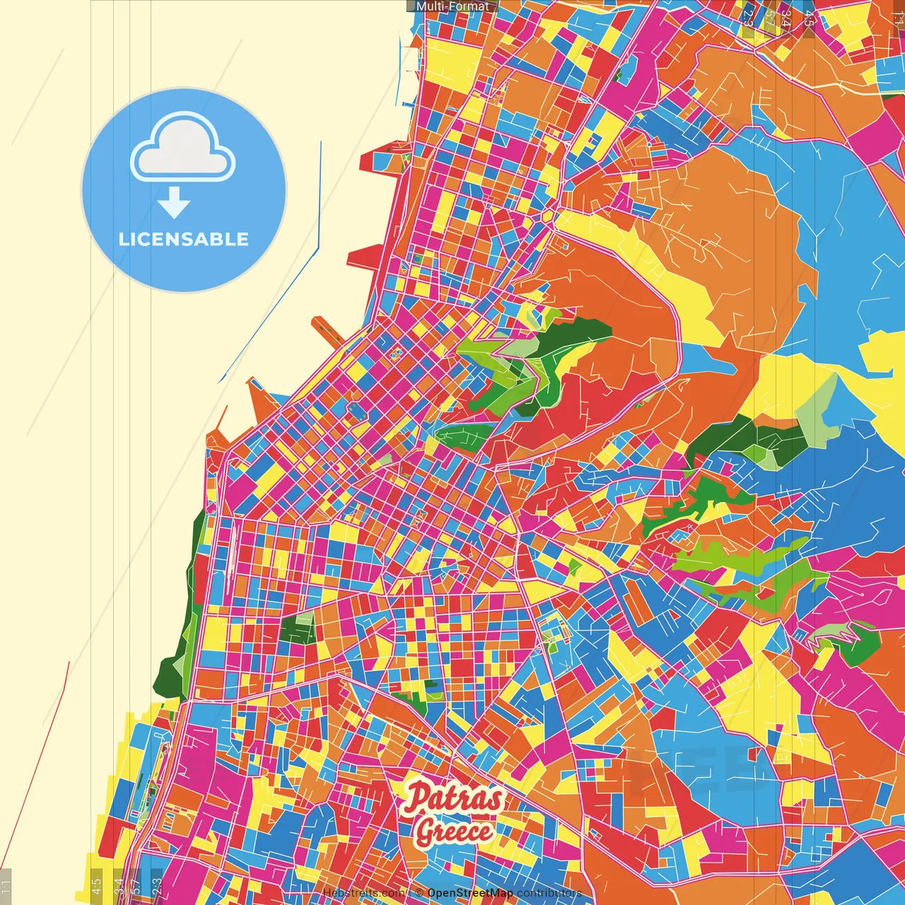 Patras, Western Greece, Greece Crazy Colorful Street Map Poster Template