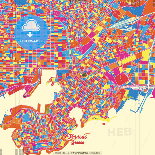 Piraeus, Attica, Greece Crazy Colorful Street Map Poster Template