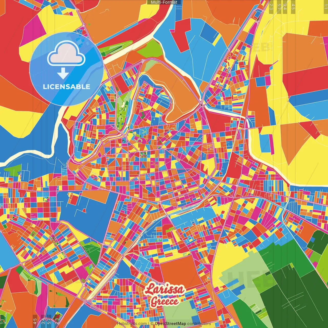 Larissa, Thessaly, Greece Crazy Colorful Street Map Poster Template