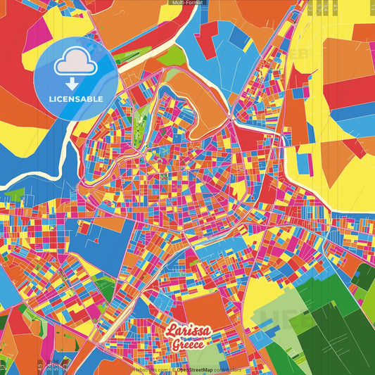 Larissa, Thessaly, Greece Crazy Colorful Street Map Poster Template