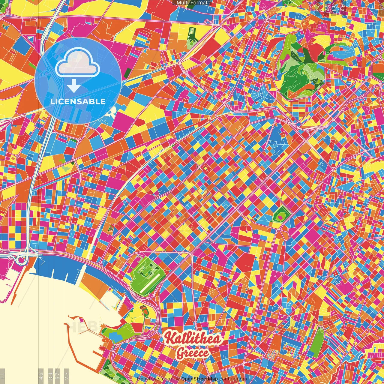 Kallithea, Attica, Greece Crazy Colorful Street Map Poster Template