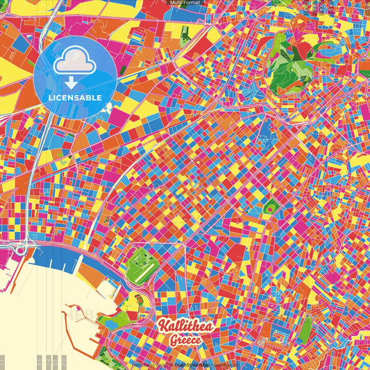 Kallithea, Attica, Greece Crazy Colorful Street Map Poster Template