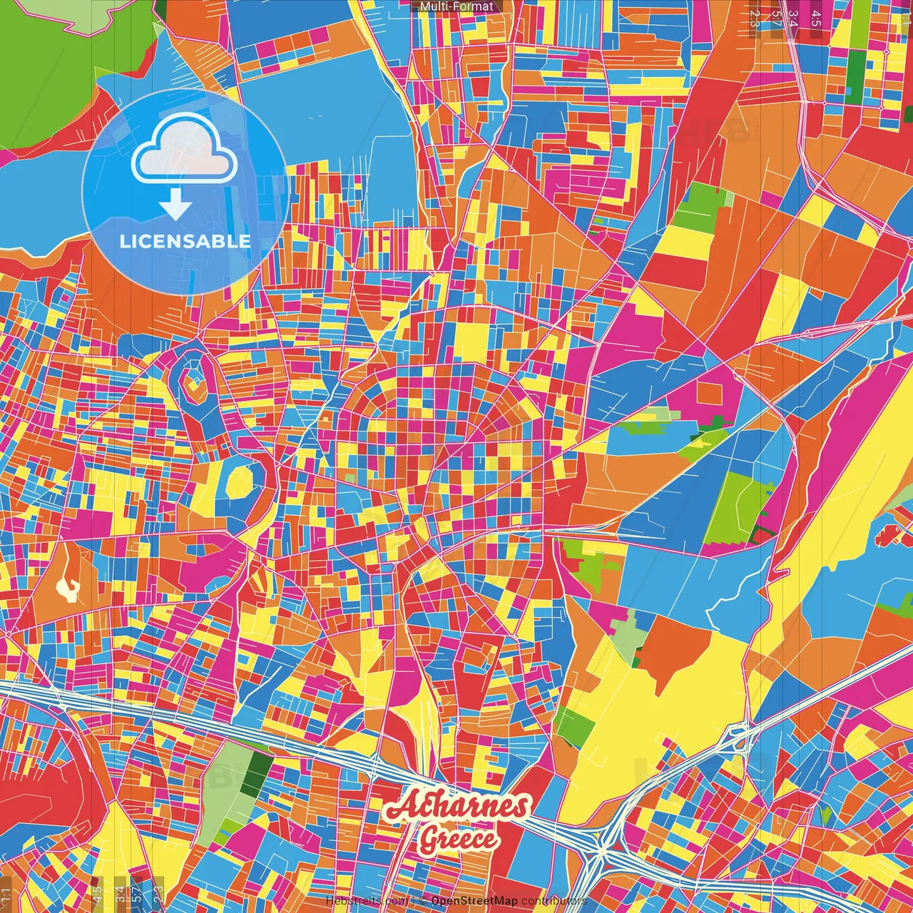 Acharnes, Attica, Greece Crazy Colorful Street Map Poster Template