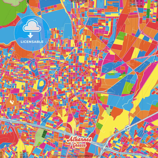 Acharnes, Attica, Greece Crazy Colorful Street Map Poster Template