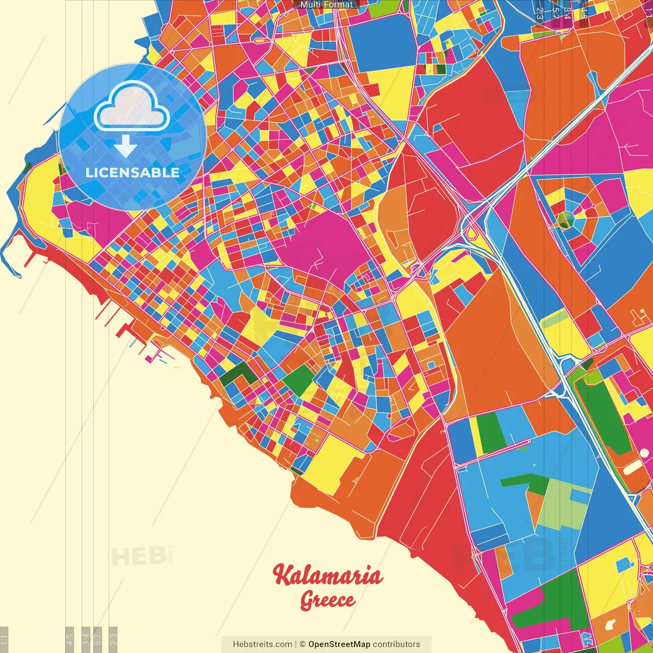 Kalamaria, Central Macedonia, Greece Crazy Colorful Street Map Poster Template