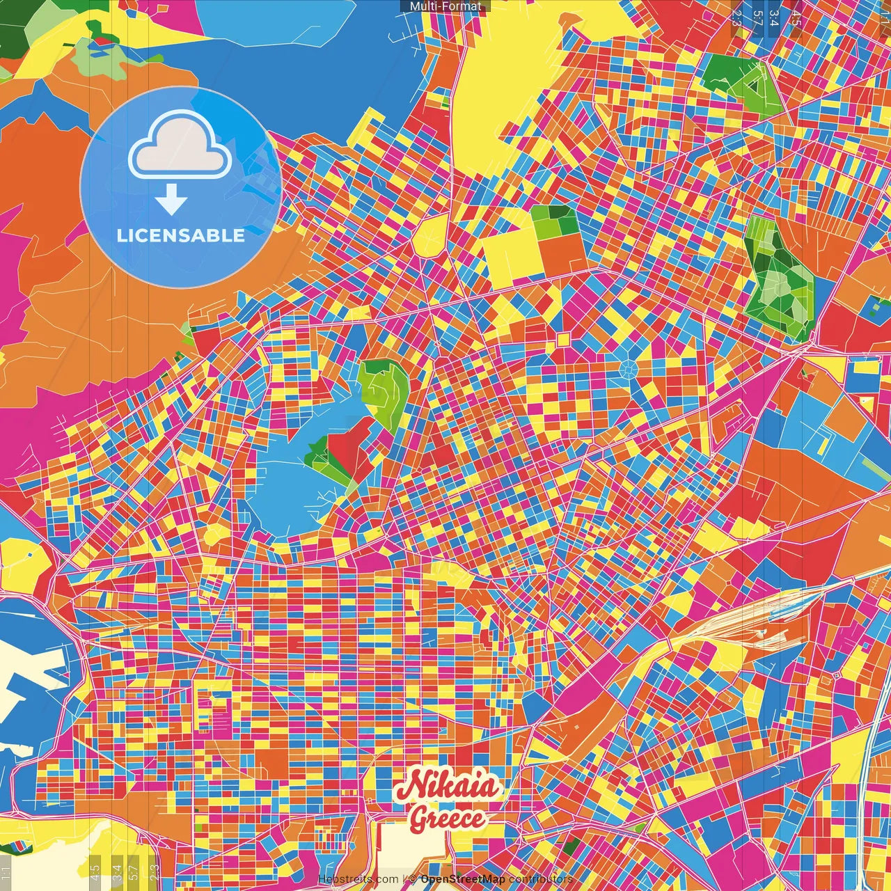 Nikaia, Attica, Greece Crazy Colorful Street Map Poster Template