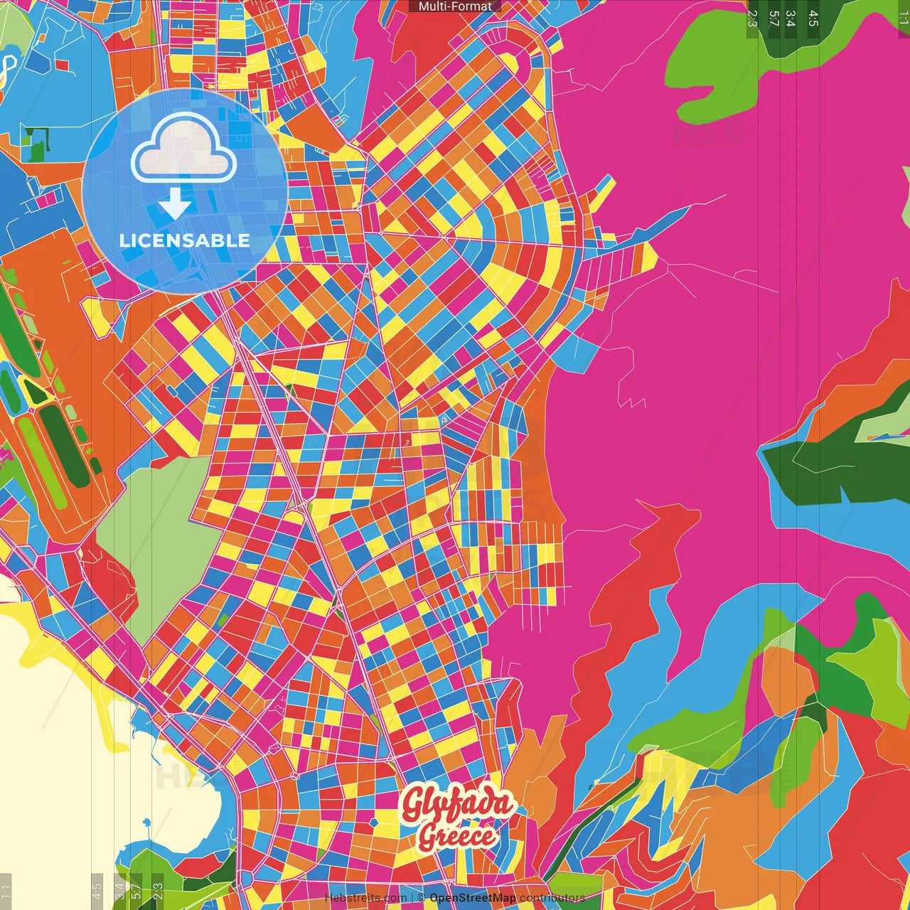 Glyfada, Attica, Greece Crazy Colorful Street Map Poster Template