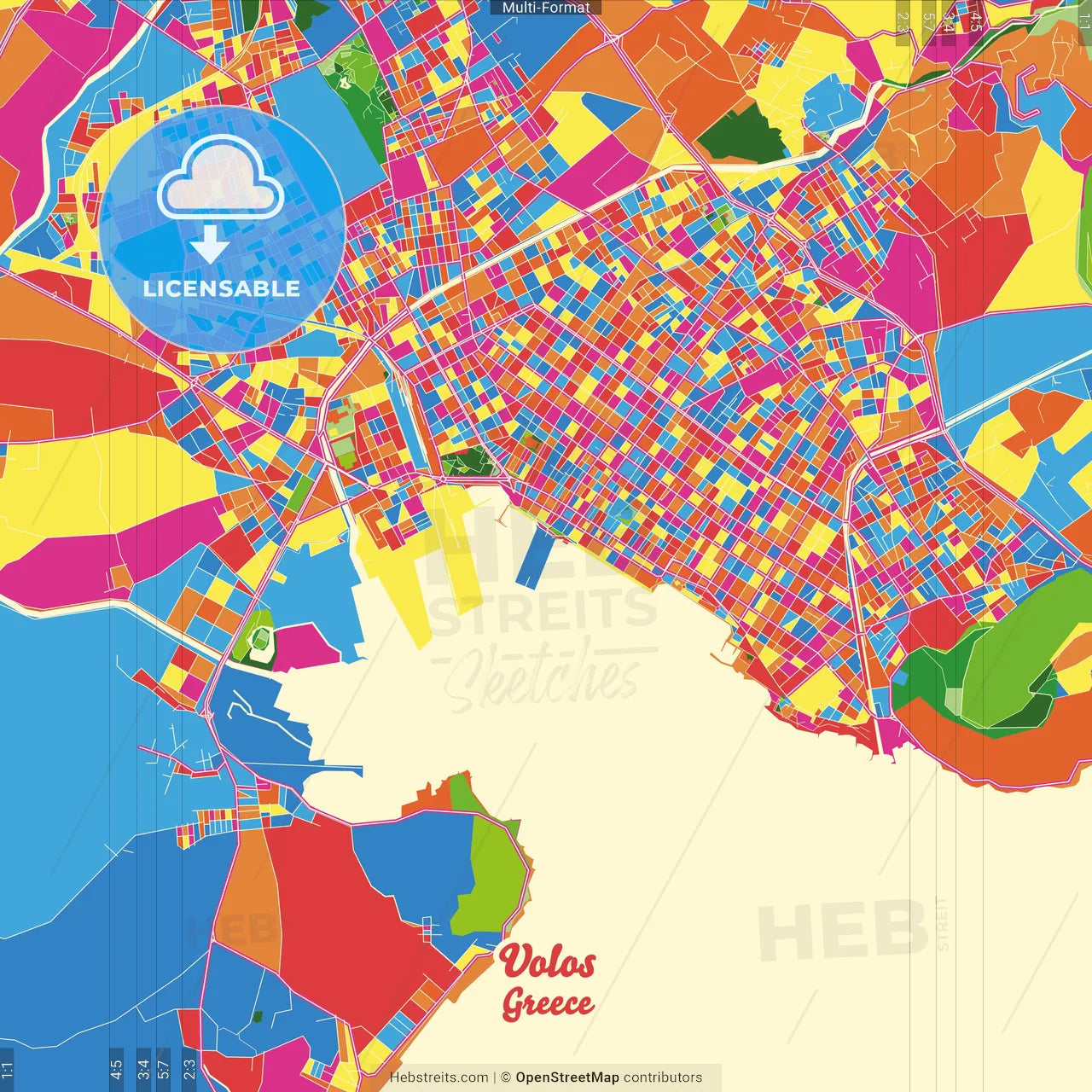 Volos, Thessaly, Greece Crazy Colorful Street Map Poster Template