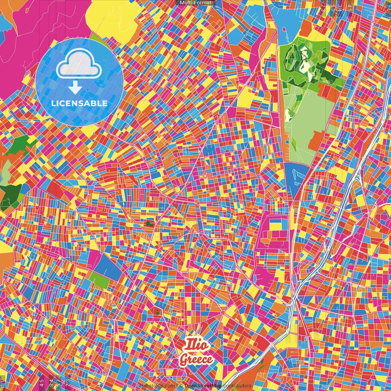Ilio, Attica, Greece Crazy Colorful Street Map Poster Template