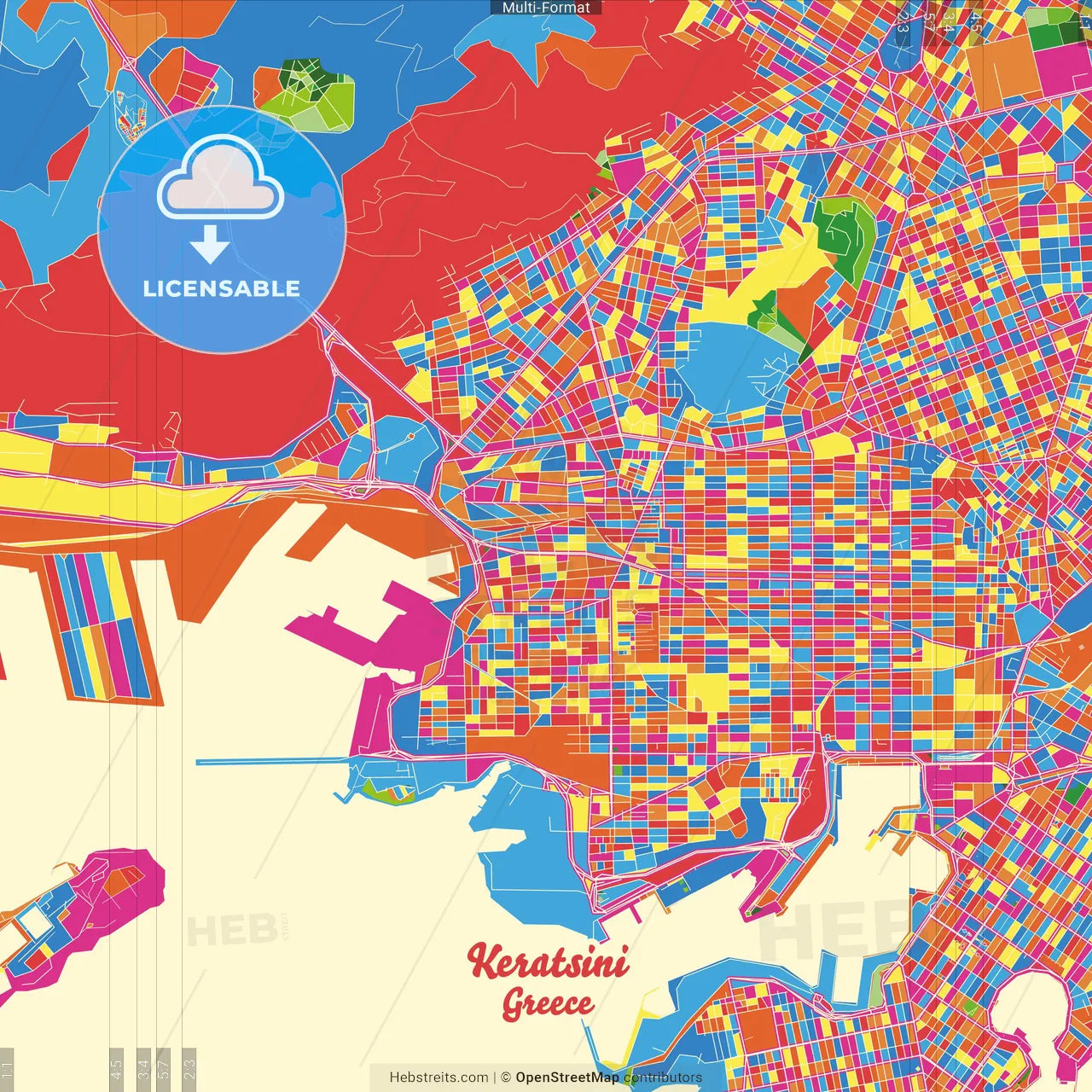 Keratsini, Attica, Greece Crazy Colorful Street Map Poster Template