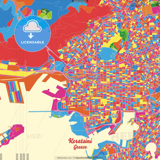 Keratsini, Attica, Greece Crazy Colorful Street Map Poster Template
