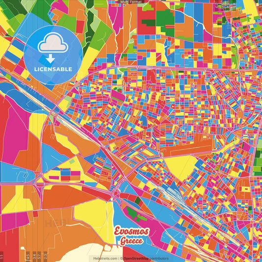 Evosmos, Central Macedonia, Greece Crazy Colorful Street Map Poster Template