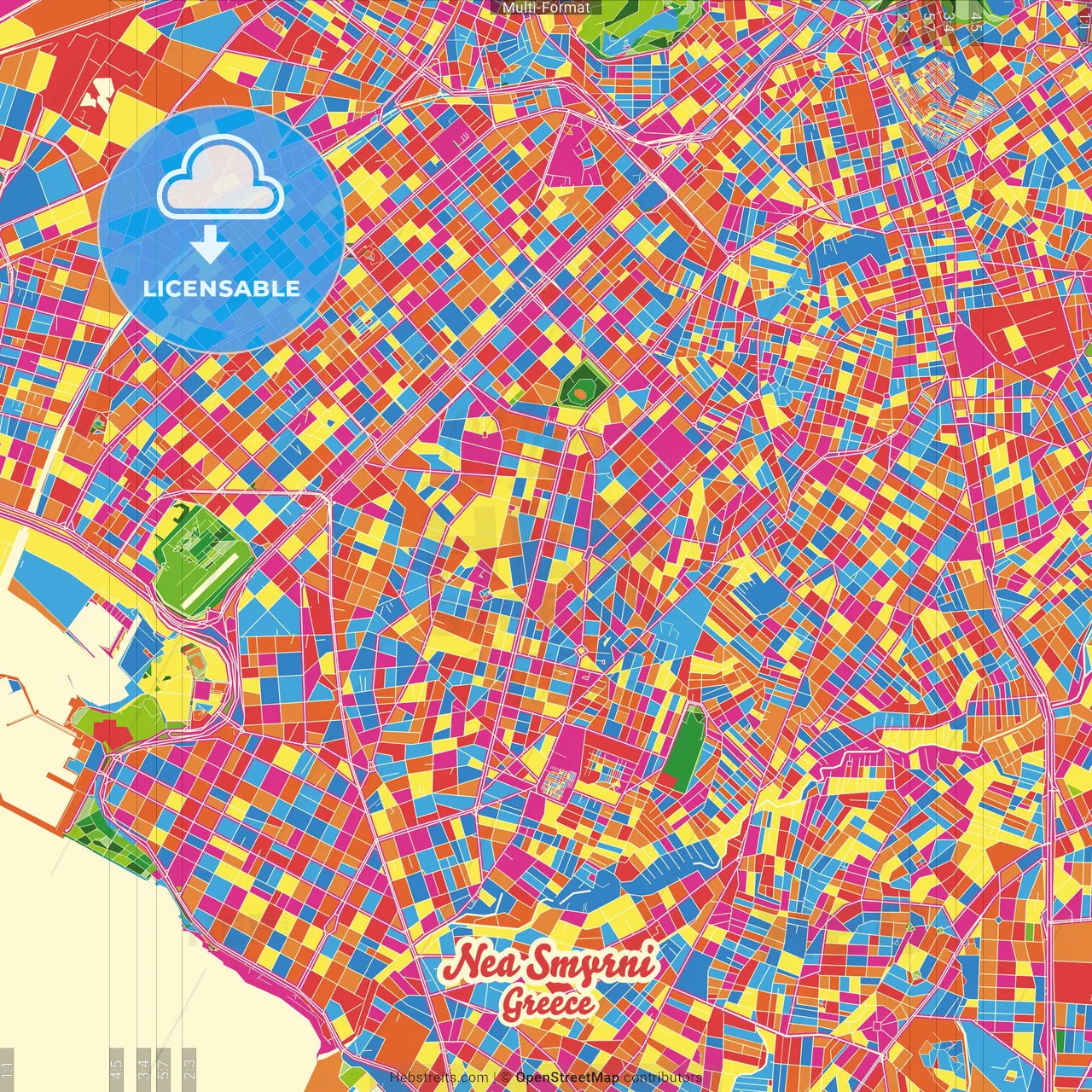 Nea Smyrni, Attica, Greece Crazy Colorful Street Map Poster Template