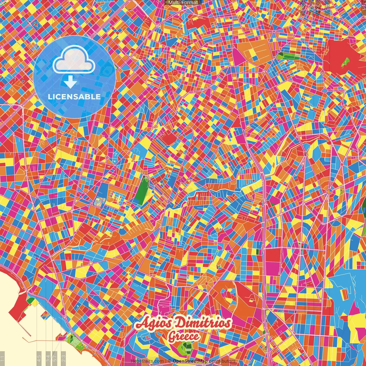 Agios Dimitrios, Attica, Greece Crazy Colorful Street Map Poster Template