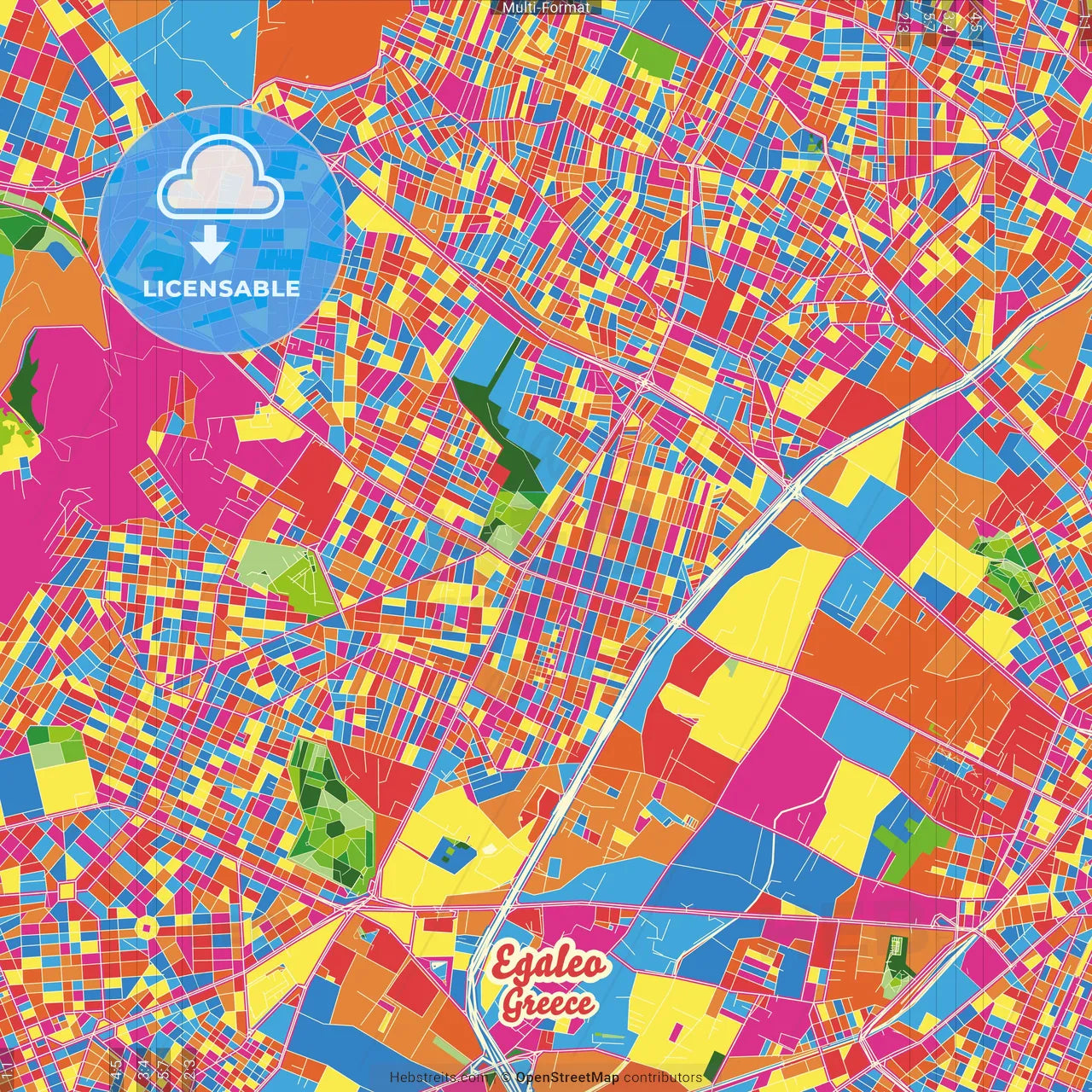Egaleo, Attica, Greece Crazy Colorful Street Map Poster Template