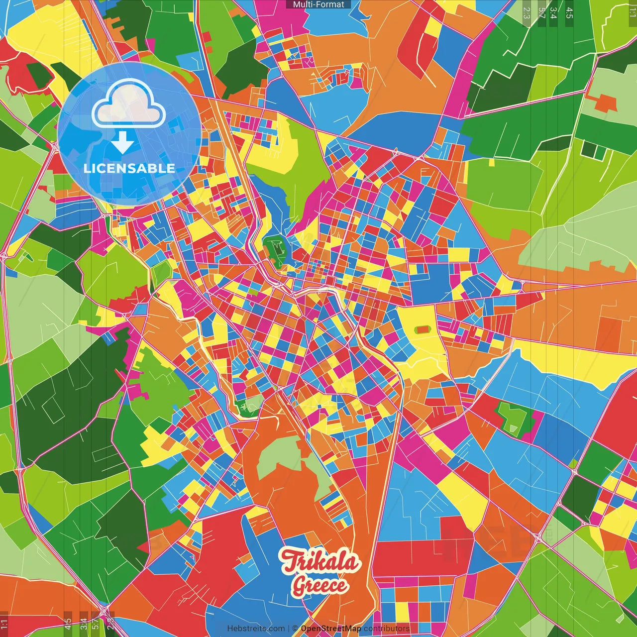 Trikala, Thessaly, Greece Crazy Colorful Street Map Poster Template