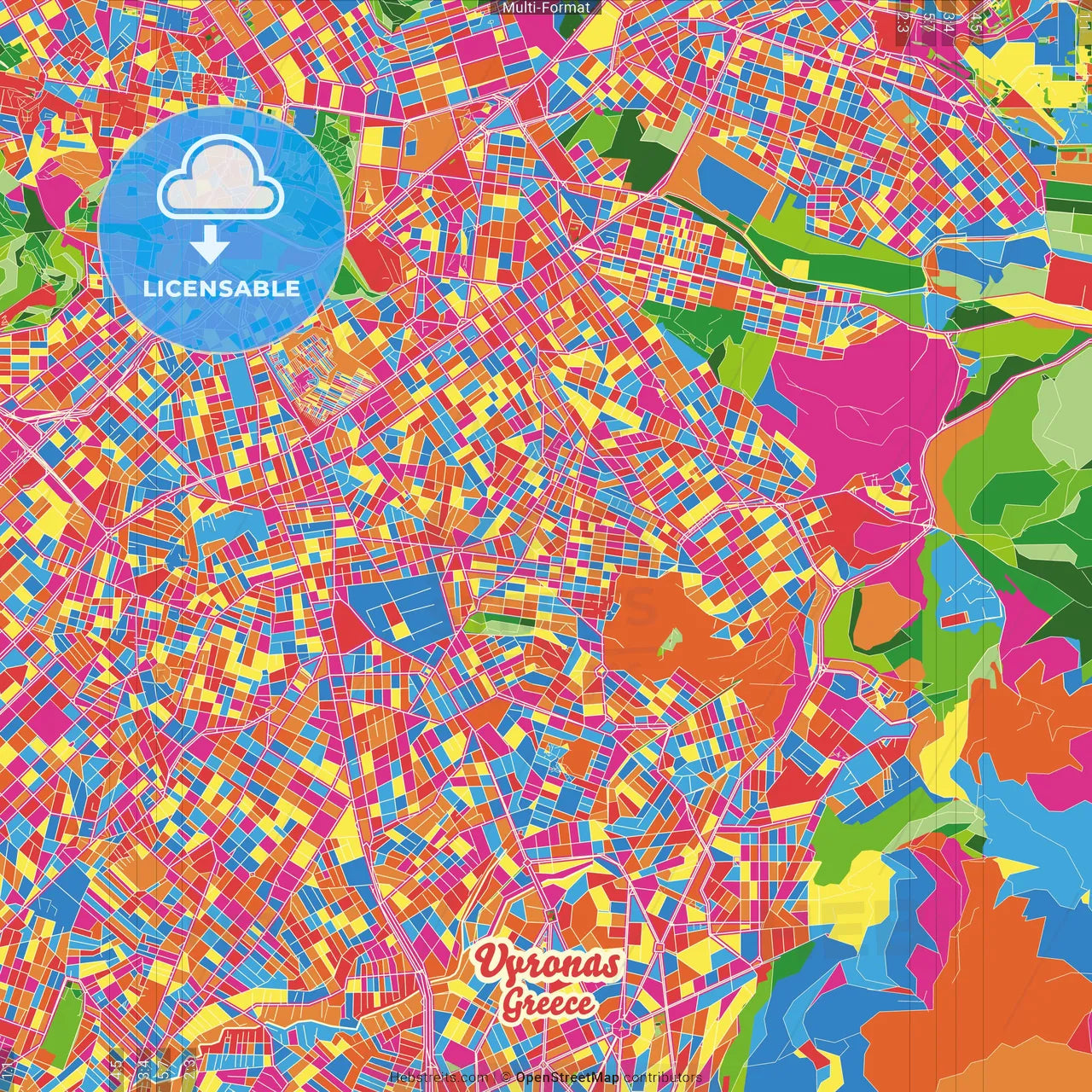 Vyronas, Attica, Greece Crazy Colorful Street Map Poster Template