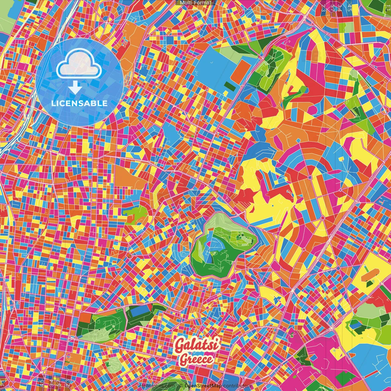 Galatsi, Attica, Greece Crazy Colorful Street Map Poster Template