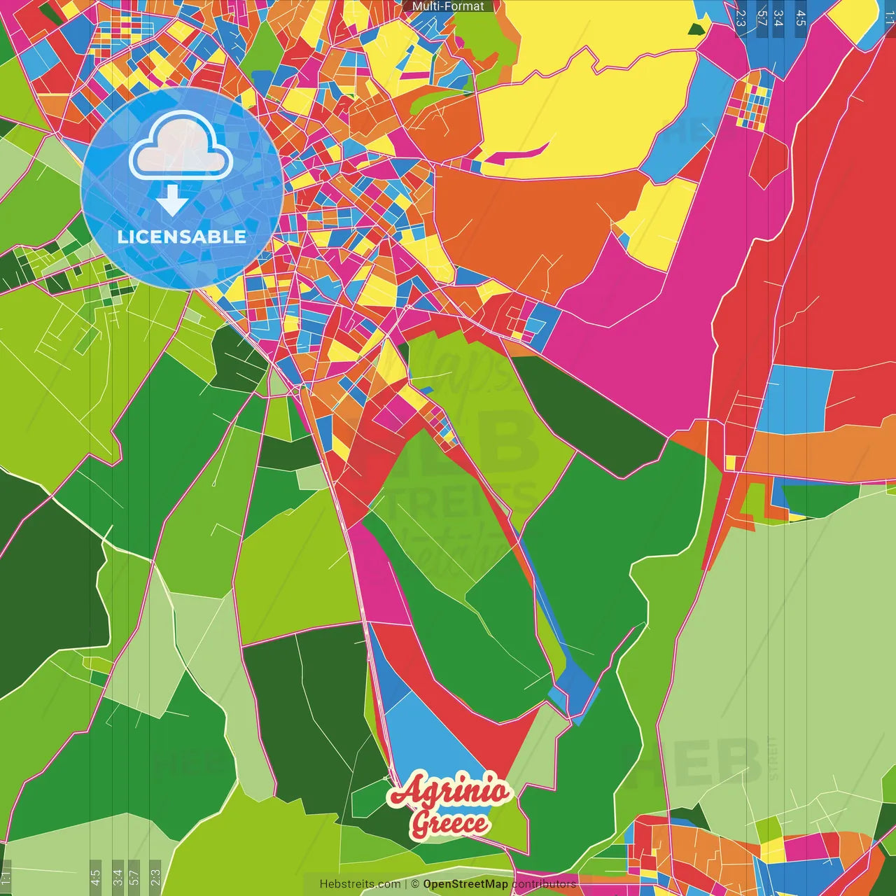 Agrinio, Western Greece, Greece Crazy Colorful Street Map Poster Template