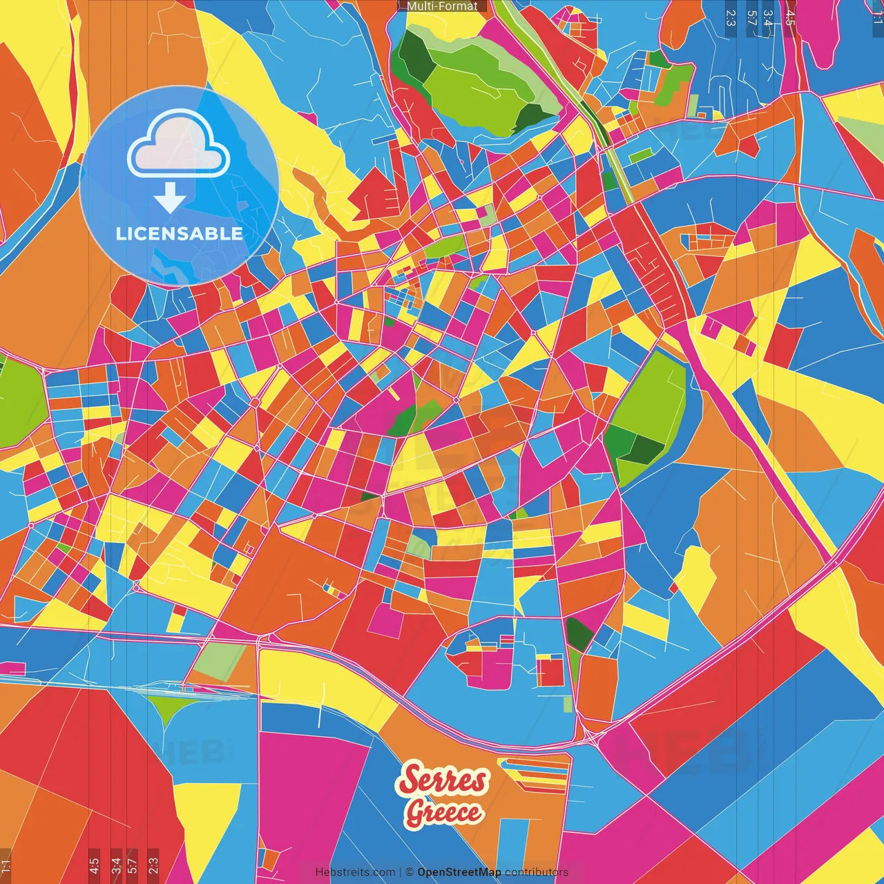 Serres, Central Macedonia, Greece Crazy Colorful Street Map Poster Template