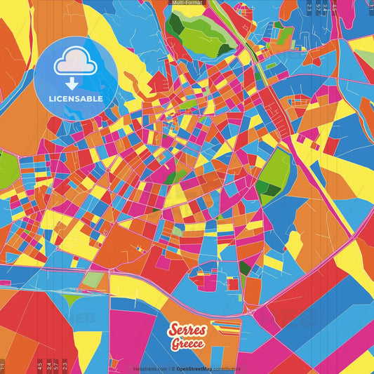 Serres, Central Macedonia, Greece Crazy Colorful Street Map Poster Template