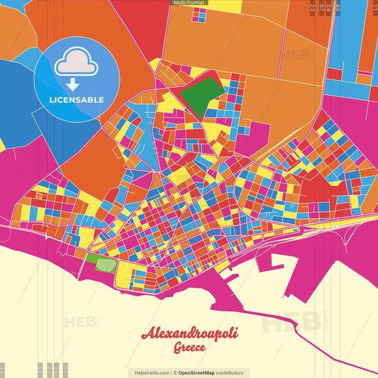 Alexandroupoli, Eastern Macedonia and Thrace, Greece Crazy Colorful Street Map Poster Template