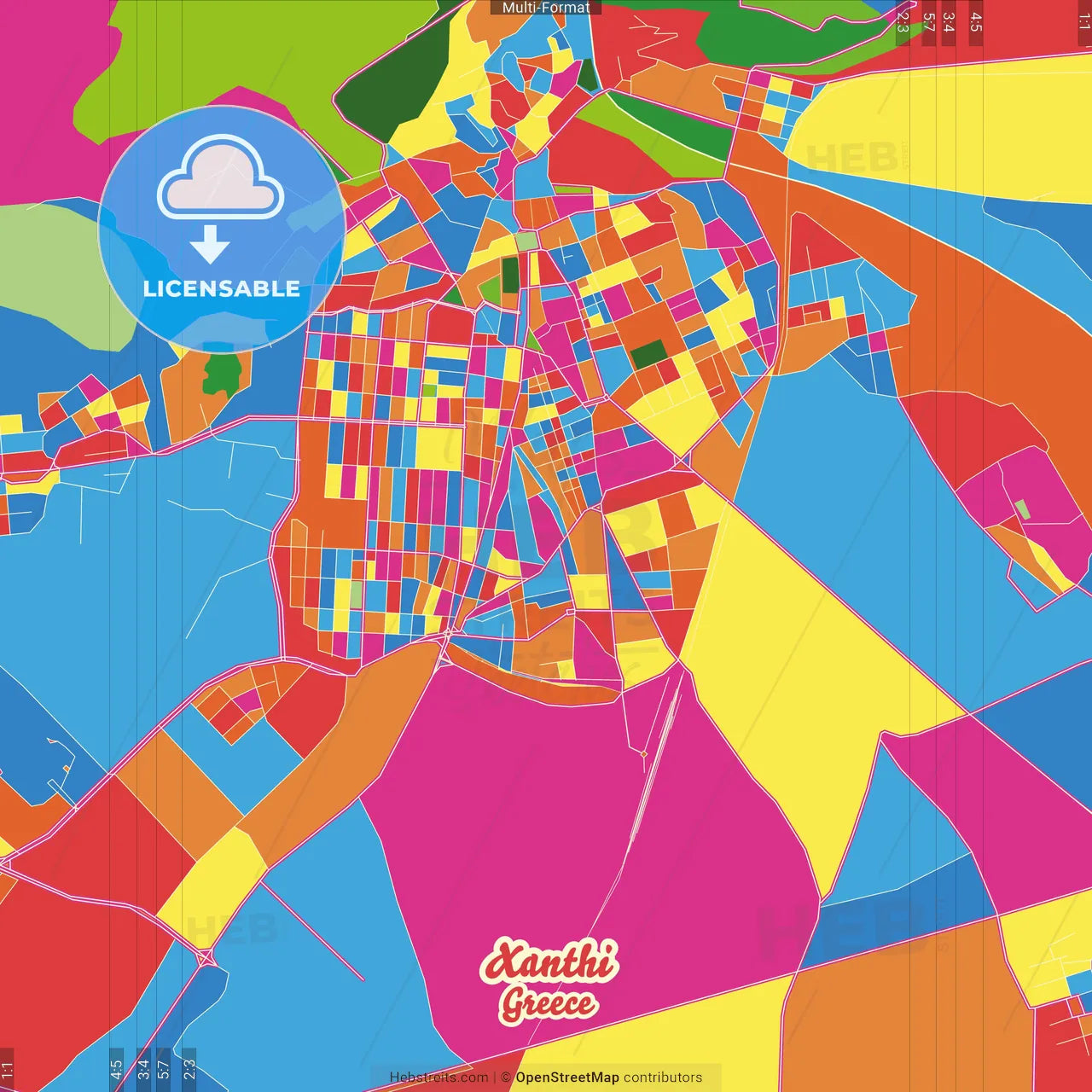 Xanthi, Eastern Macedonia and Thrace, Greece Crazy Colorful Street Map Poster Template