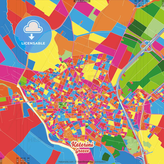 Katerini, Central Macedonia, Greece Crazy Colorful Street Map Poster Template