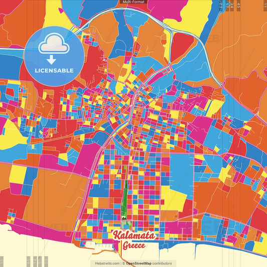 Kalamata, Peloponnese, Greece Crazy Colorful Street Map Poster Template