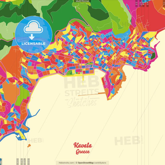 Kavala, Eastern Macedonia and Thrace, Greece Crazy Colorful Street Map Poster Template