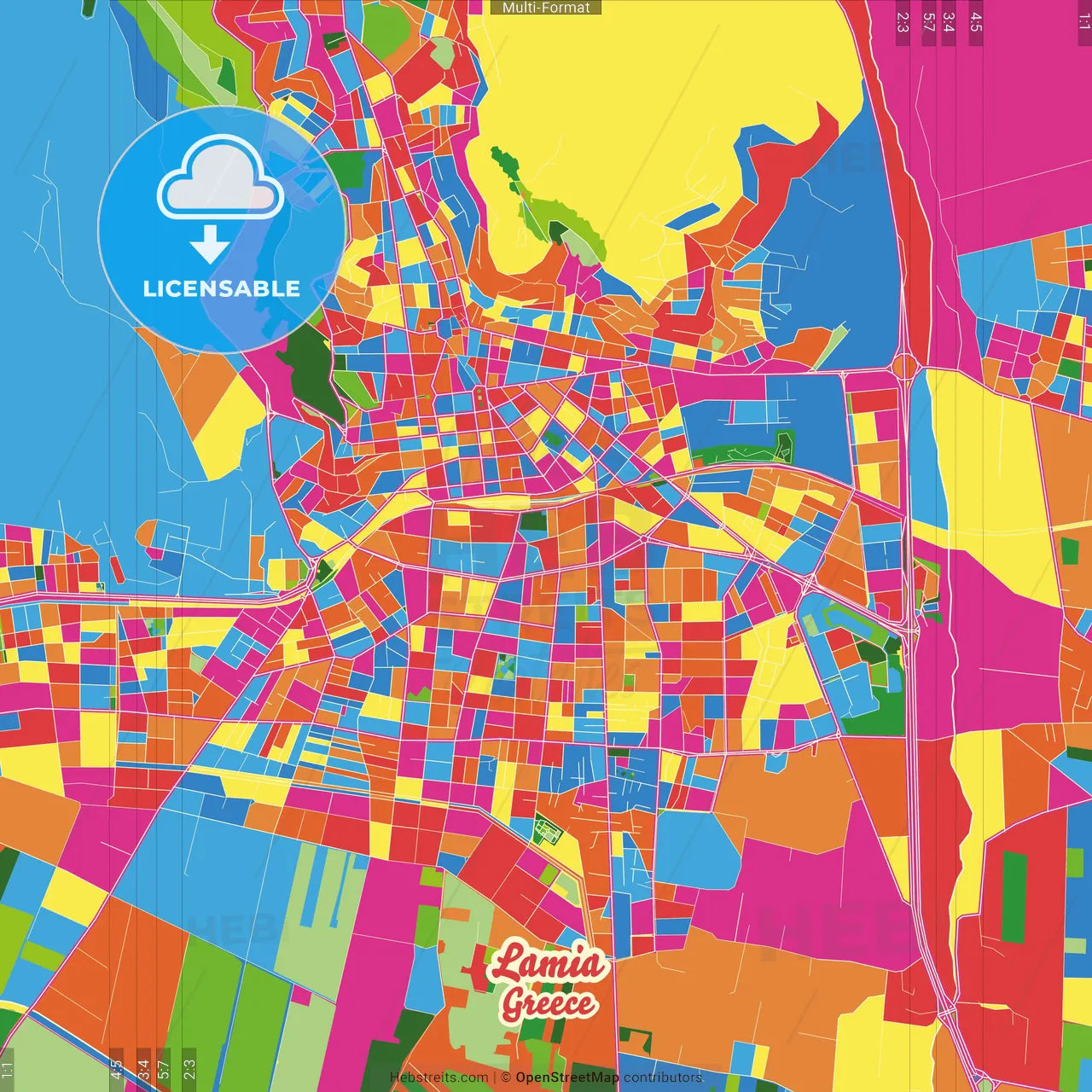 Lamia, Central Greece, Greece Crazy Colorful Street Map Poster Template