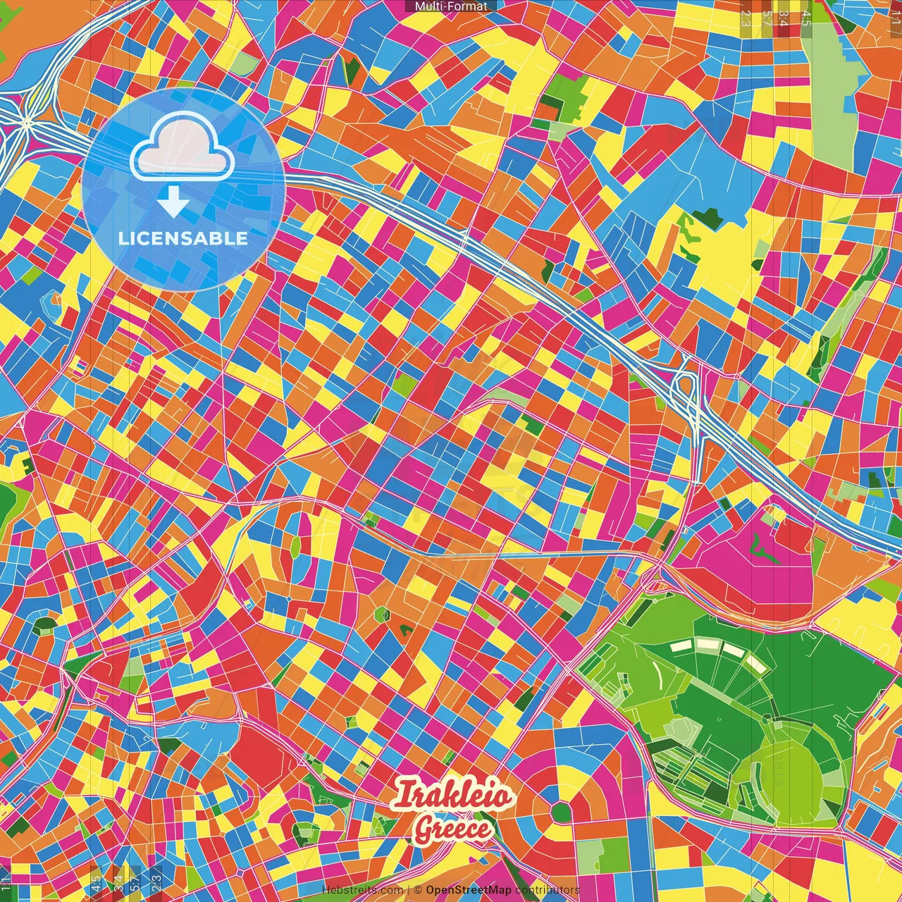 Irakleio, Attica, Greece Crazy Colorful Street Map Poster Template