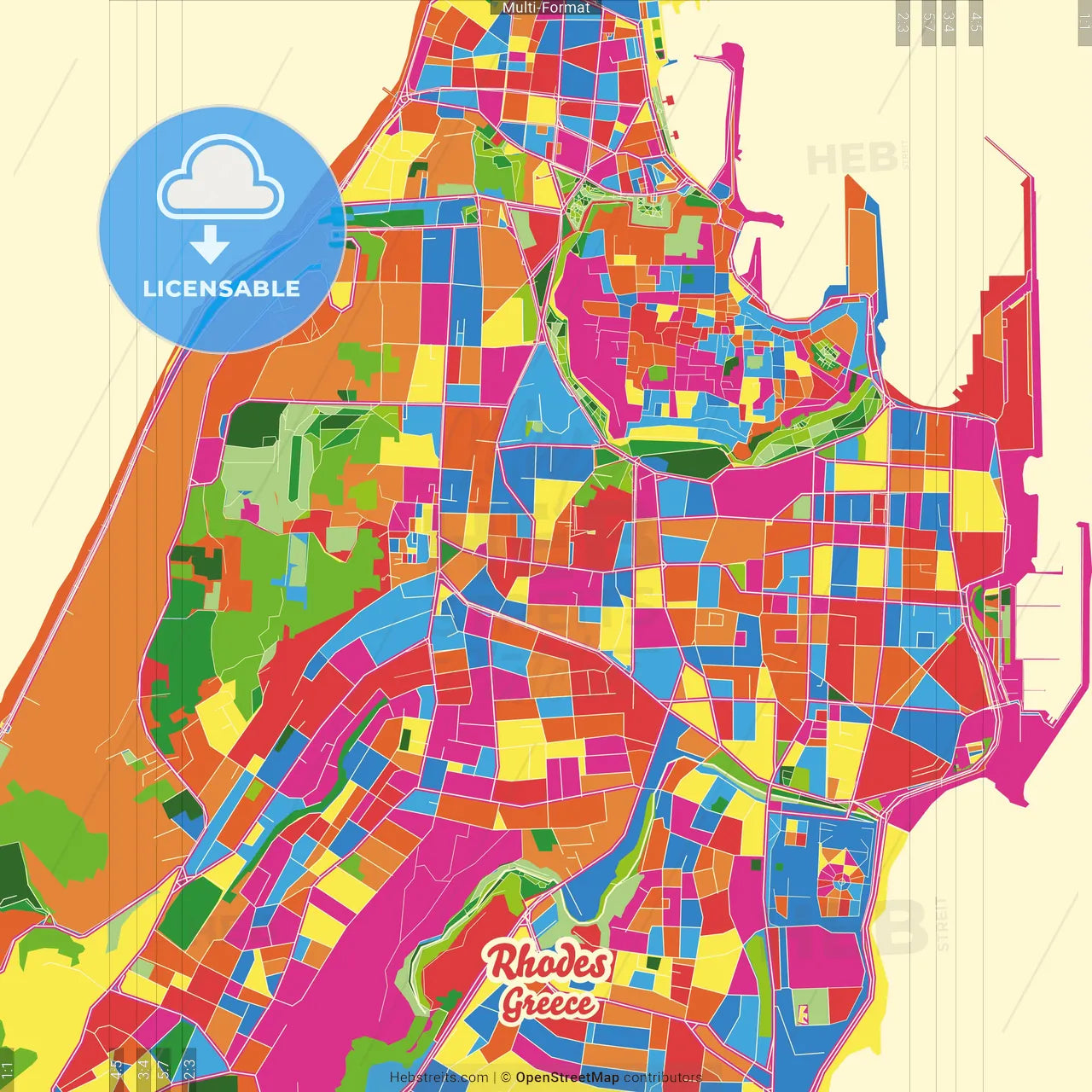 Rhodes, South Aegean, Greece Crazy Colorful Street Map Poster Template