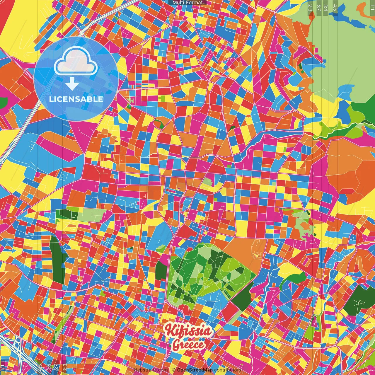 Kifissia, Attica, Greece Crazy Colorful Street Map Poster Template