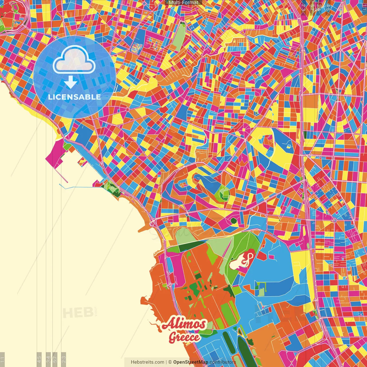 Alimos, Attica, Greece Crazy Colorful Street Map Poster Template