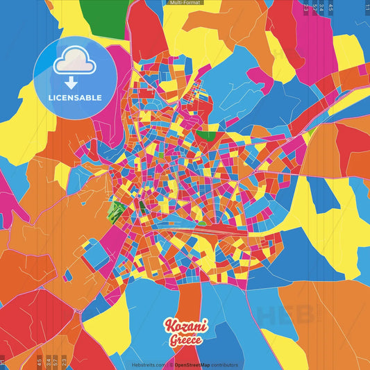 Kozani, Western Macedonia, Greece Crazy Colorful Street Map Poster Template