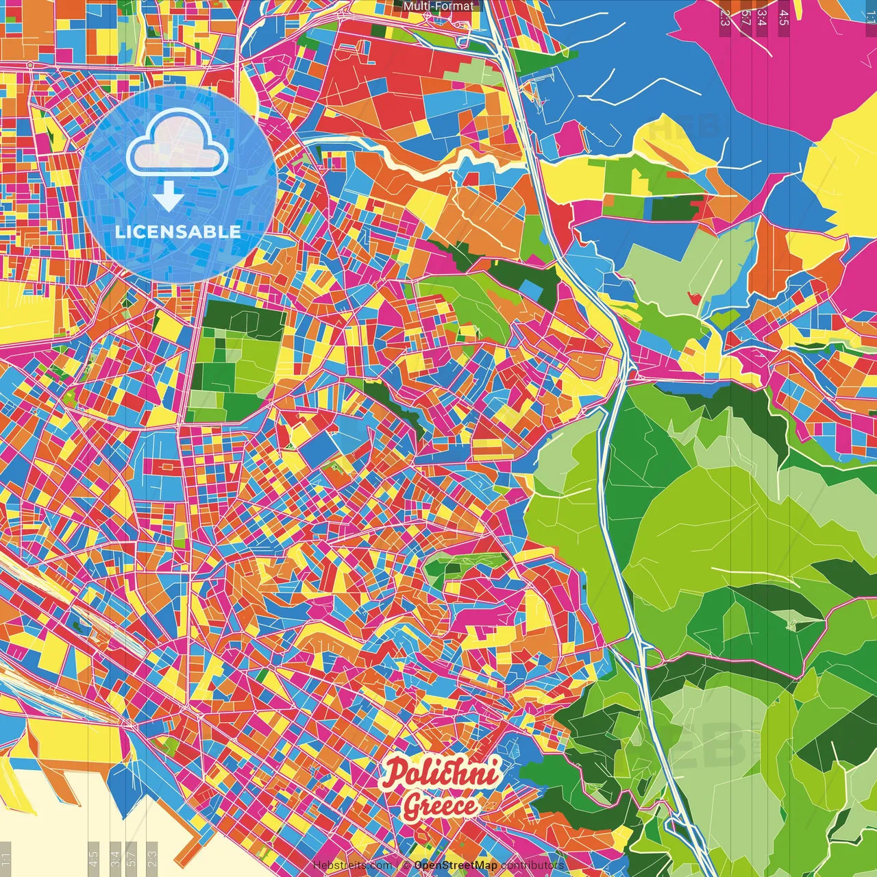 Polichni, Central Macedonia, Greece Crazy Colorful Street Map Poster Template