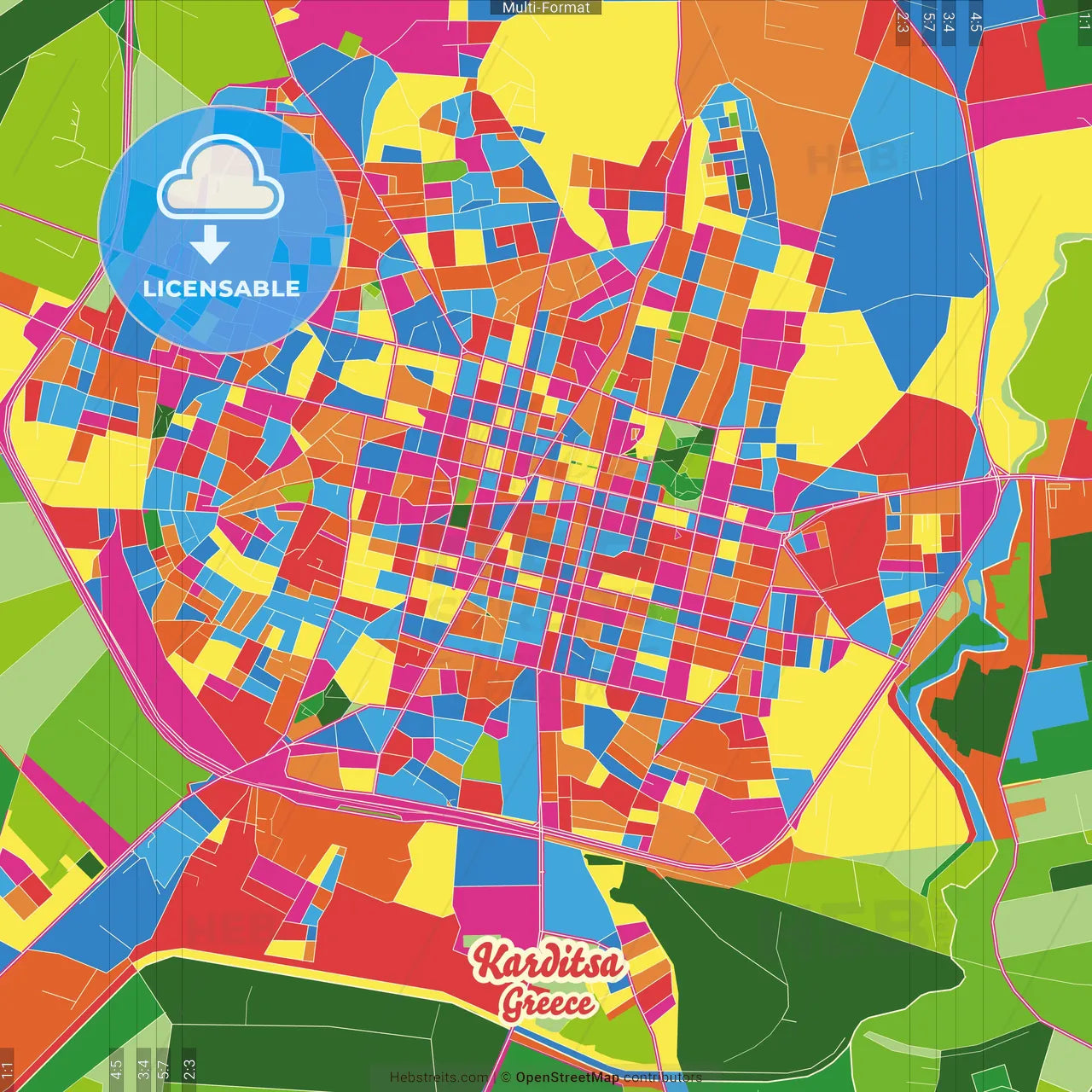 Karditsa, Thessaly, Greece Crazy Colorful Street Map Poster Template