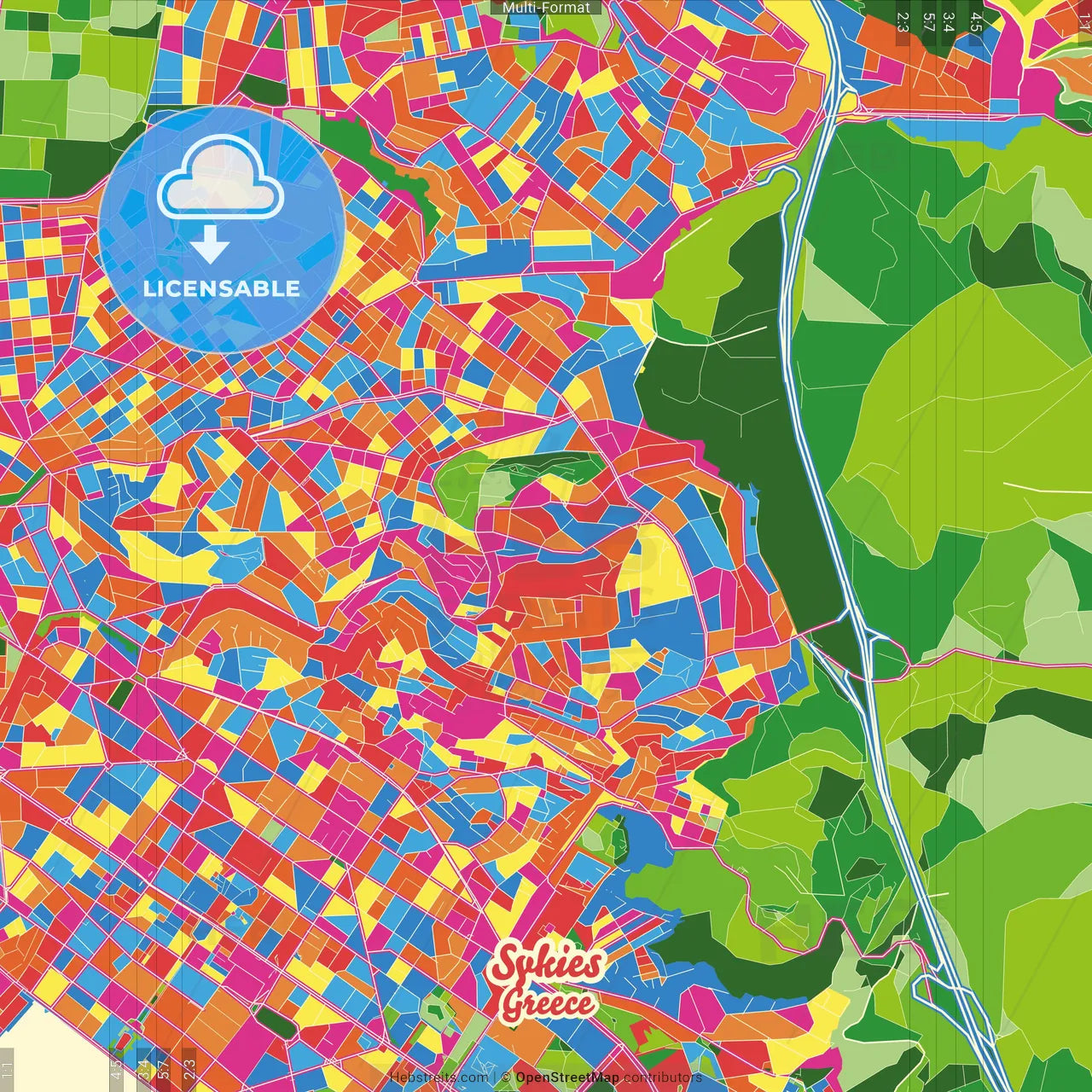 Sykies, Central Macedonia, Greece Crazy Colorful Street Map Poster Template