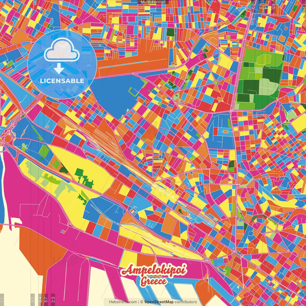 Ampelokipoi, Central Macedonia, Greece Crazy Colorful Street Map Poster Template