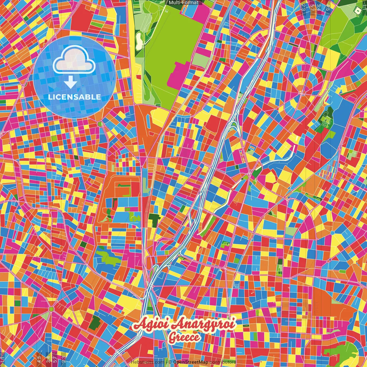 Agioi Anargyroi, Attica, Greece Crazy Colorful Street Map Poster Template