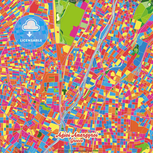 Agioi Anargyroi, Attica, Greece Crazy Colorful Street Map Poster Template