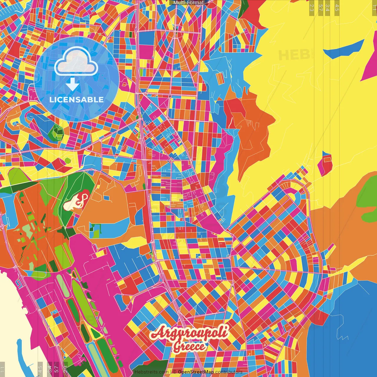 Argyroupoli, Attica, Greece Crazy Colorful Street Map Poster Template
