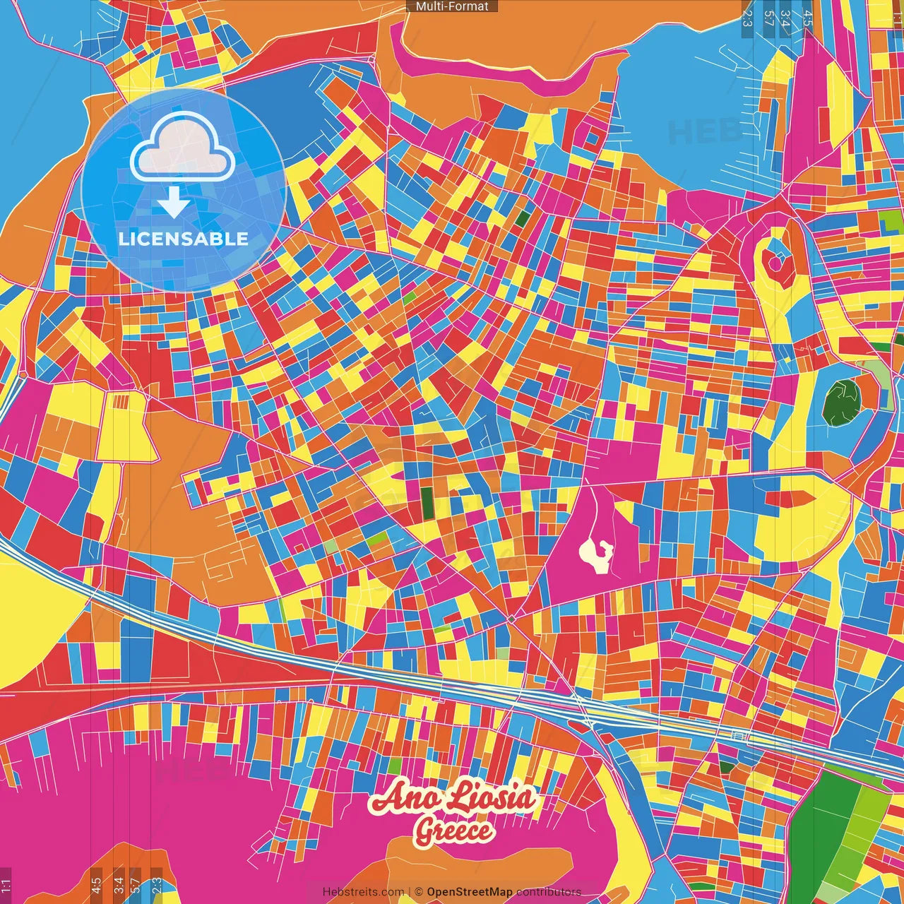 Ano Liosia, Attica, Greece Crazy Colorful Street Map Poster Template