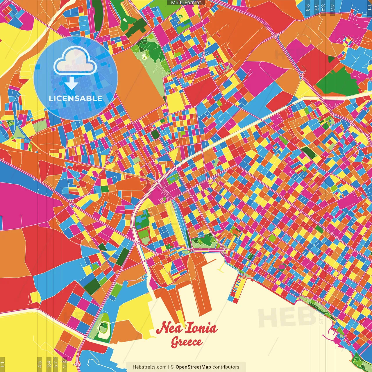 Nea Ionia, Thessaly, Greece Crazy Colorful Street Map Poster Template