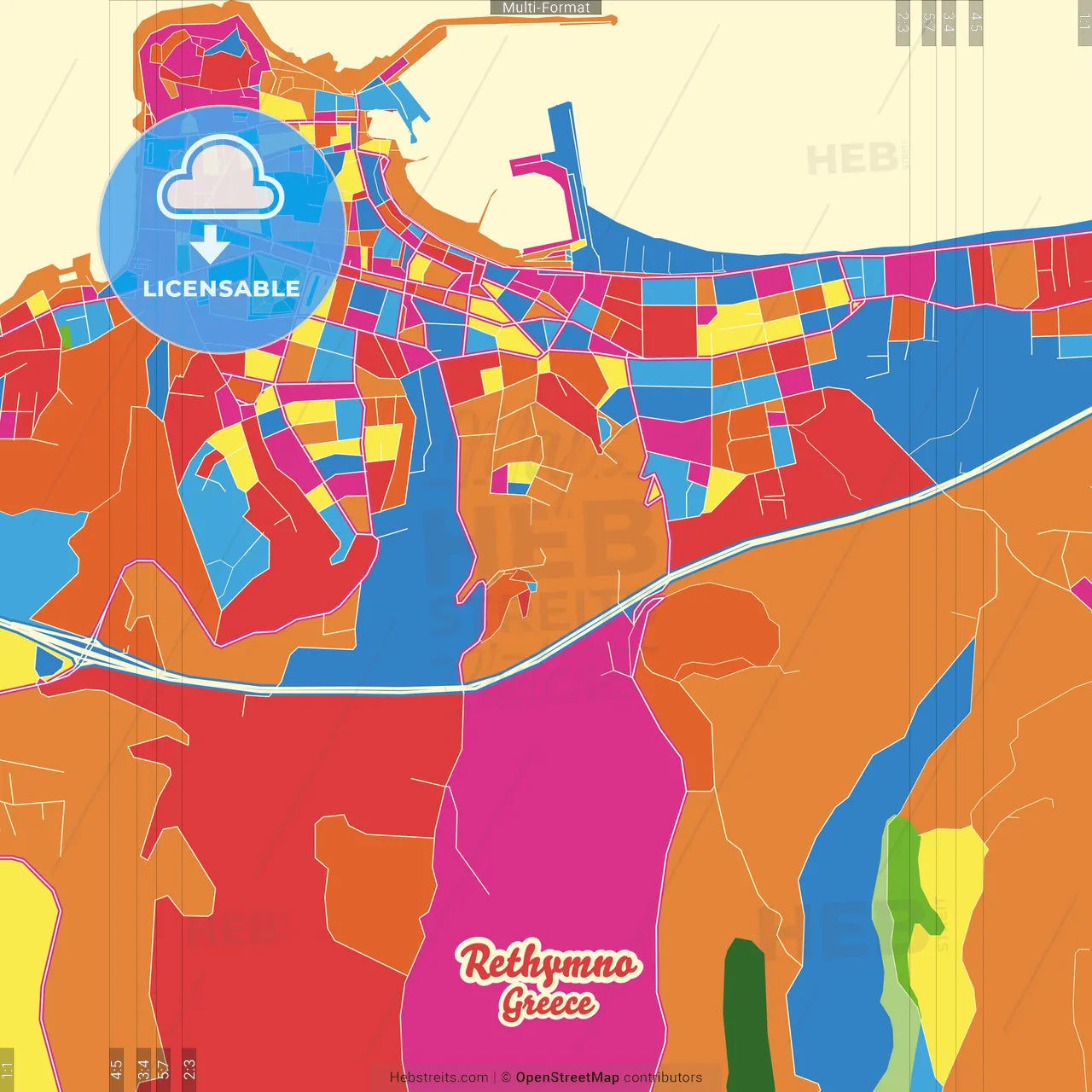 Rethymno, Crete, Greece Crazy Colorful Street Map Poster Template