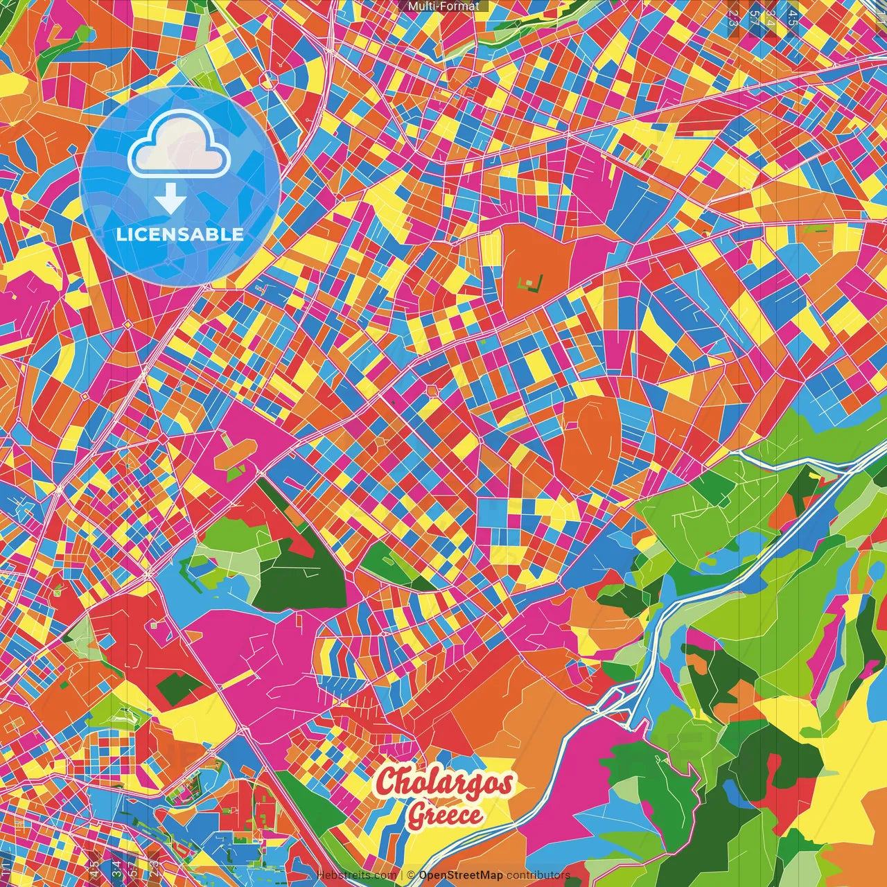 Cholargos, Attica, Greece Crazy Colorful Street Map Poster Template