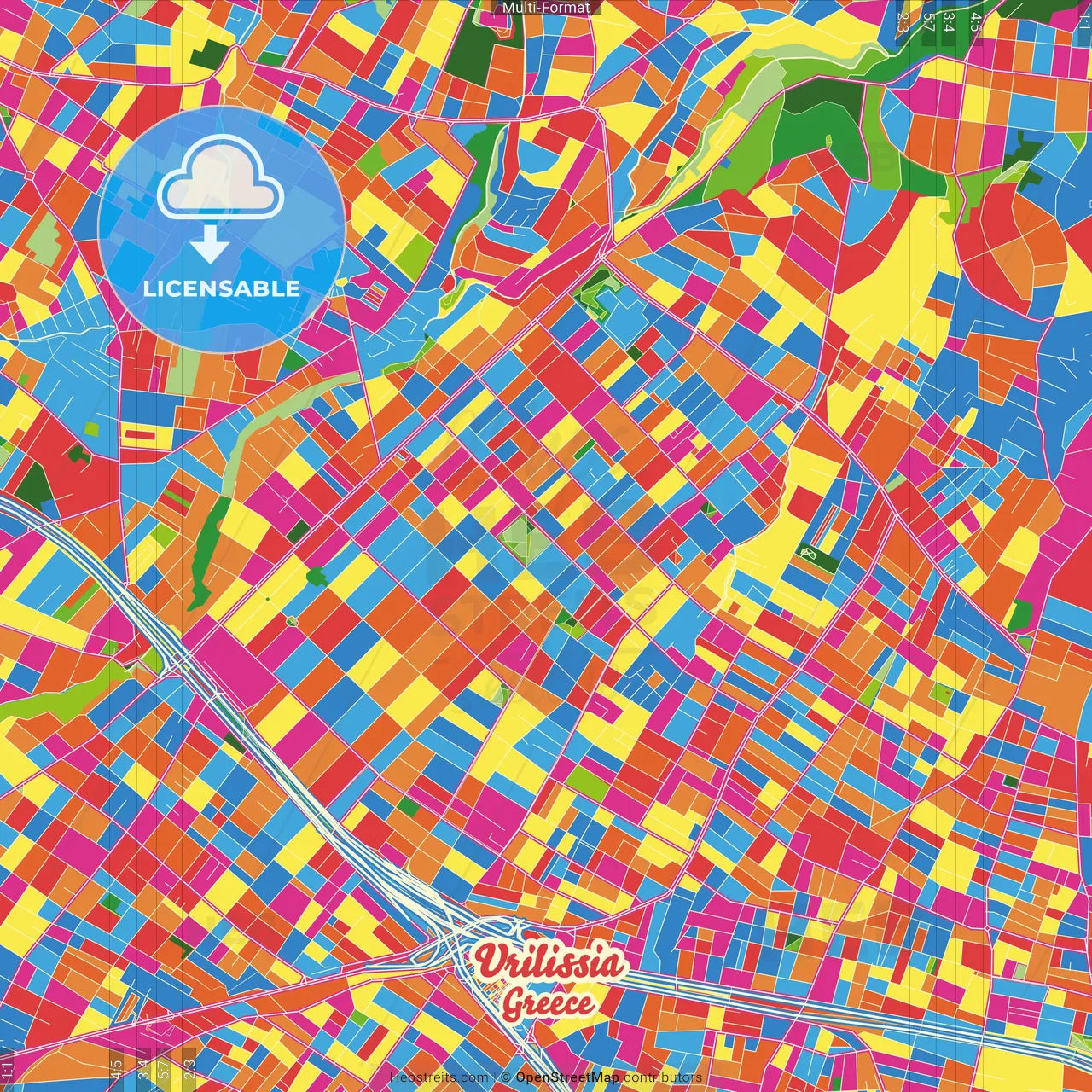 Vrilissia, Attica, Greece Crazy Colorful Street Map Poster Template